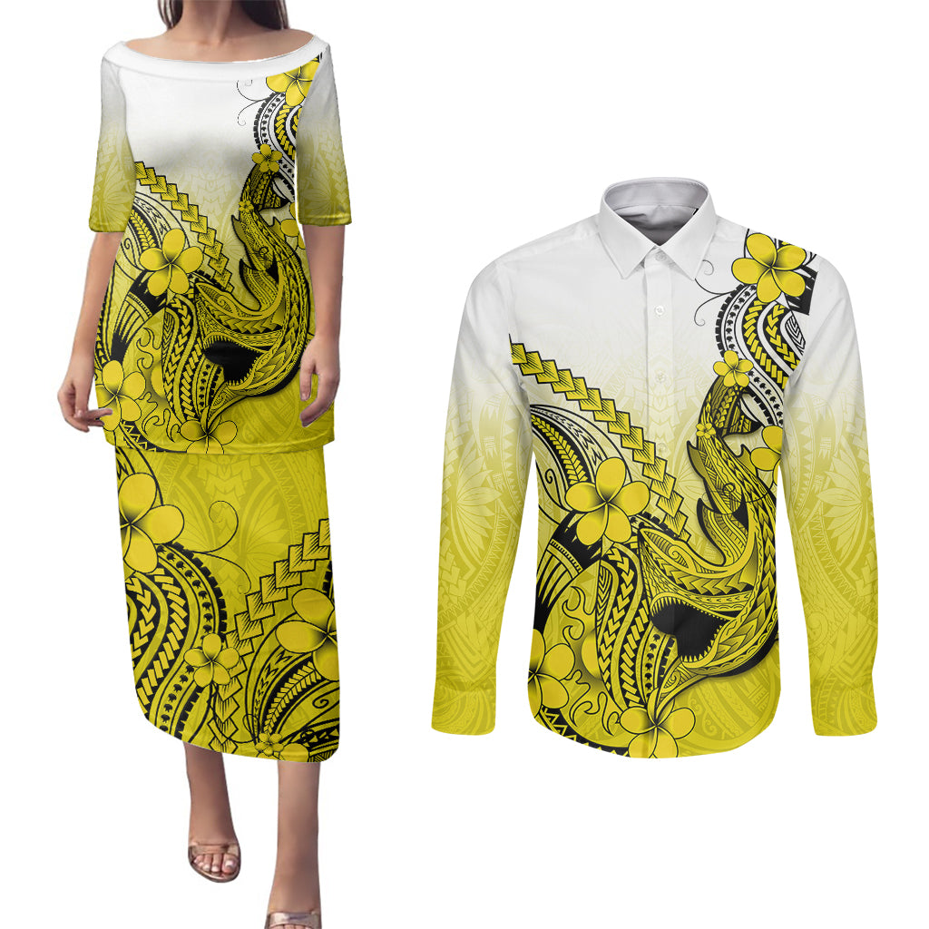 Hawaii Couples Matching Puletasi Dress and Long Sleeve Button Shirts Polynesian Shark Tattoo With Plumeria Yellow Gradient LT14 Yellow - Polynesian Pride