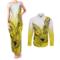 Hawaii Couples Matching Tank Maxi Dress and Long Sleeve Button Shirts Polynesian Shark Tattoo With Plumeria Yellow Gradient LT14 Yellow - Polynesian Pride