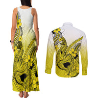 Hawaii Couples Matching Tank Maxi Dress and Long Sleeve Button Shirts Polynesian Shark Tattoo With Plumeria Yellow Gradient LT14 - Polynesian Pride