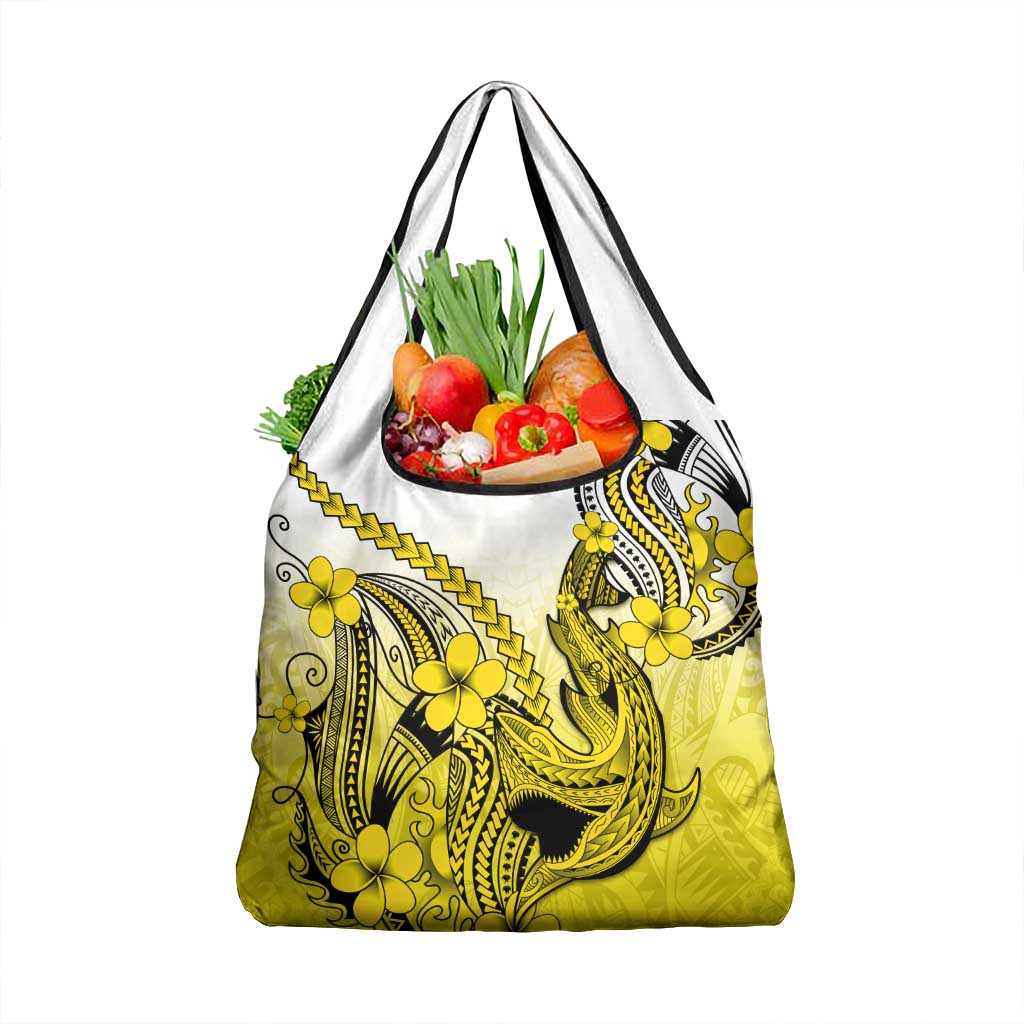 Yellow Gradient Hawaii Grocery Bag Polynesian Shark Tattoo With Plumeria