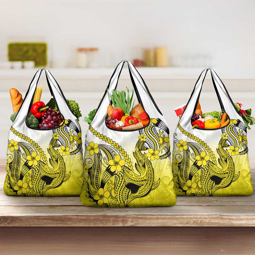 Yellow Gradient Hawaii Grocery Bag Polynesian Shark Tattoo With Plumeria