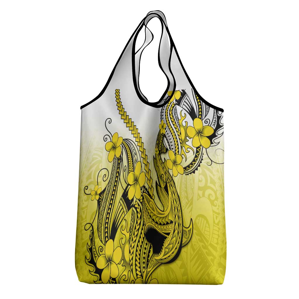 Yellow Gradient Hawaii Grocery Bag Polynesian Shark Tattoo With Plumeria