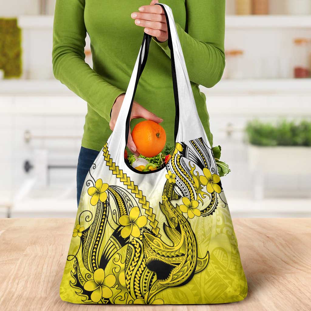 Yellow Gradient Hawaii Grocery Bag Polynesian Shark Tattoo With Plumeria