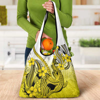 Yellow Gradient Hawaii Grocery Bag Polynesian Shark Tattoo With Plumeria