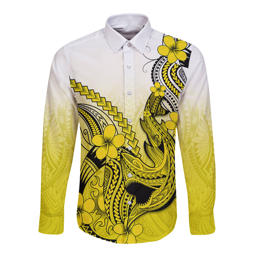 Hawaii Long Sleeve Button Shirt Polynesian Shark Tattoo With Plumeria Yellow Gradient LT14 Unisex Yellow - Polynesian Pride