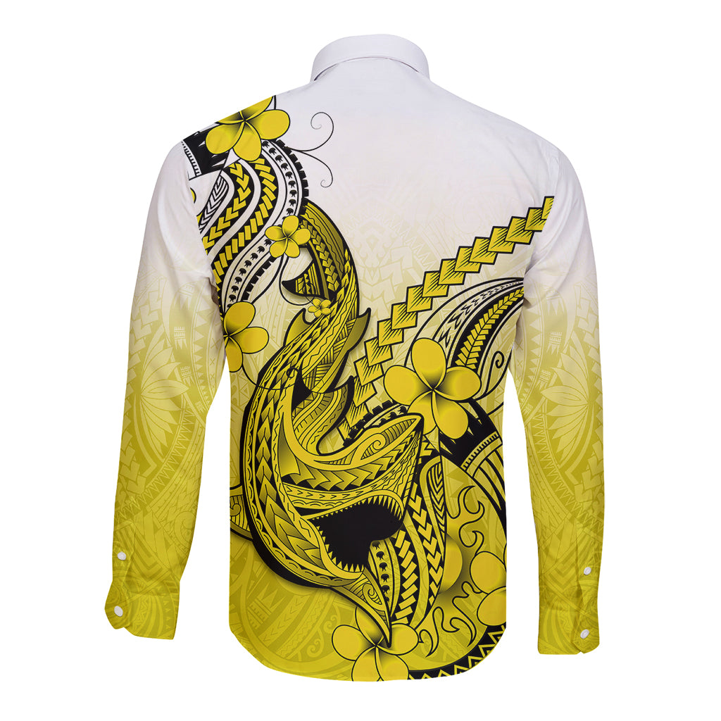 Hawaii Long Sleeve Button Shirt Polynesian Shark Tattoo With Plumeria Yellow Gradient LT14 - Polynesian Pride