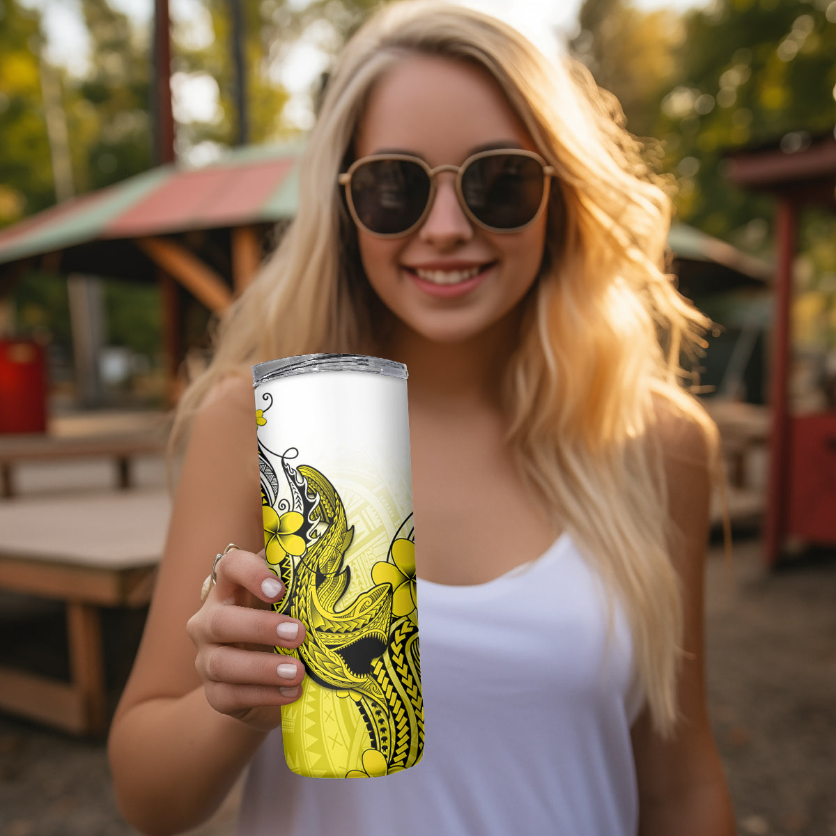 Hawaii Skinny Tumbler Polynesian Shark Tattoo With Plumeria Yellow Gradient