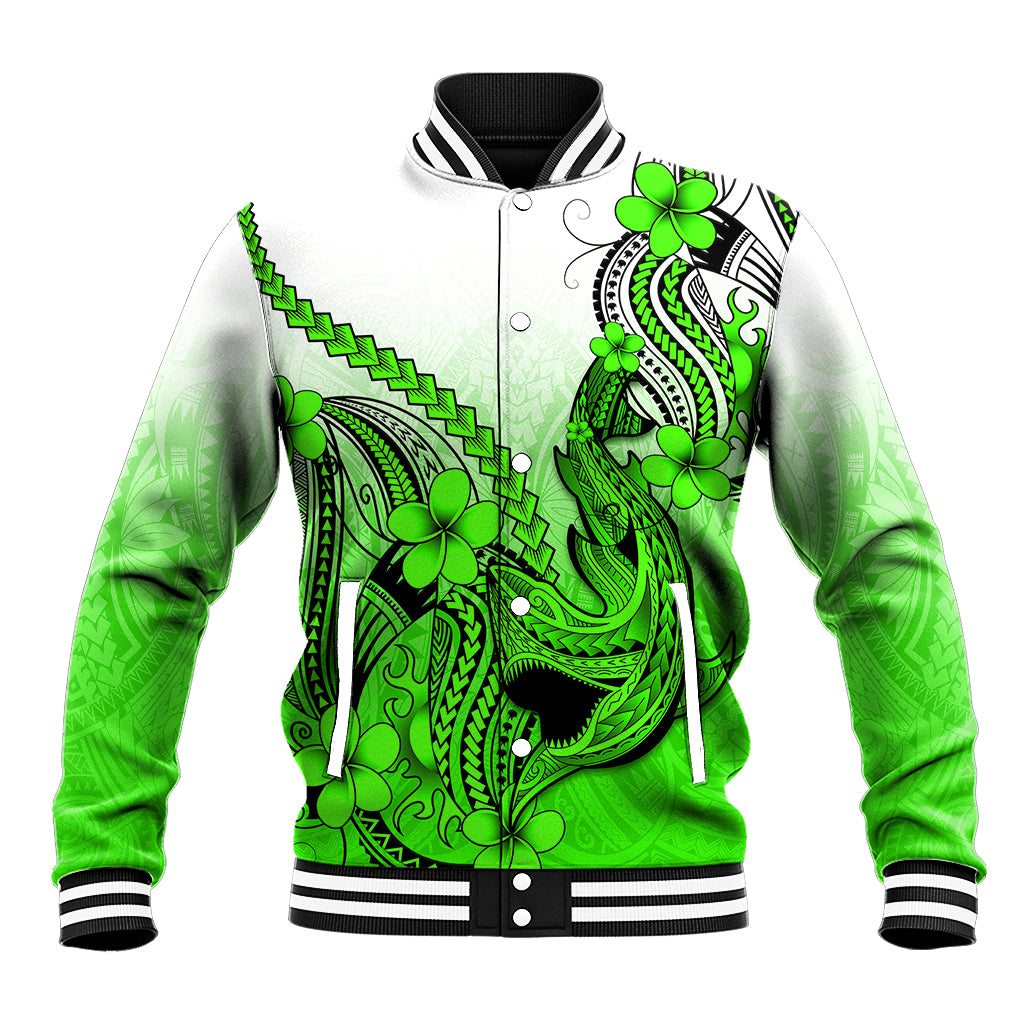 Hawaii Baseball Jacket Polynesian Shark Tattoo With Plumeria Green Gradient LT14 Unisex Green - Polynesian Pride