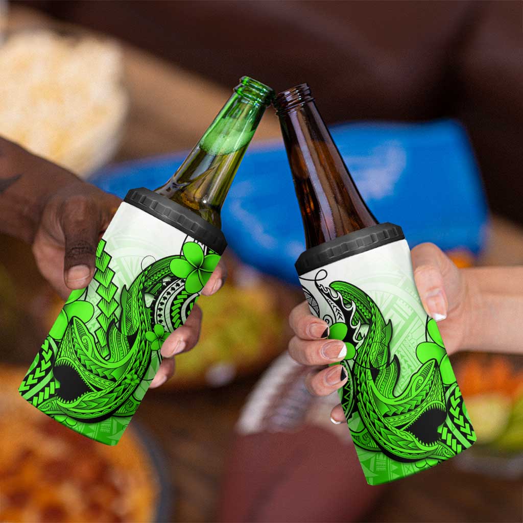 Hawaii 4 in 1 Can Cooler Tumbler Polynesian Shark Tattoo With Plumeria Green Gradient