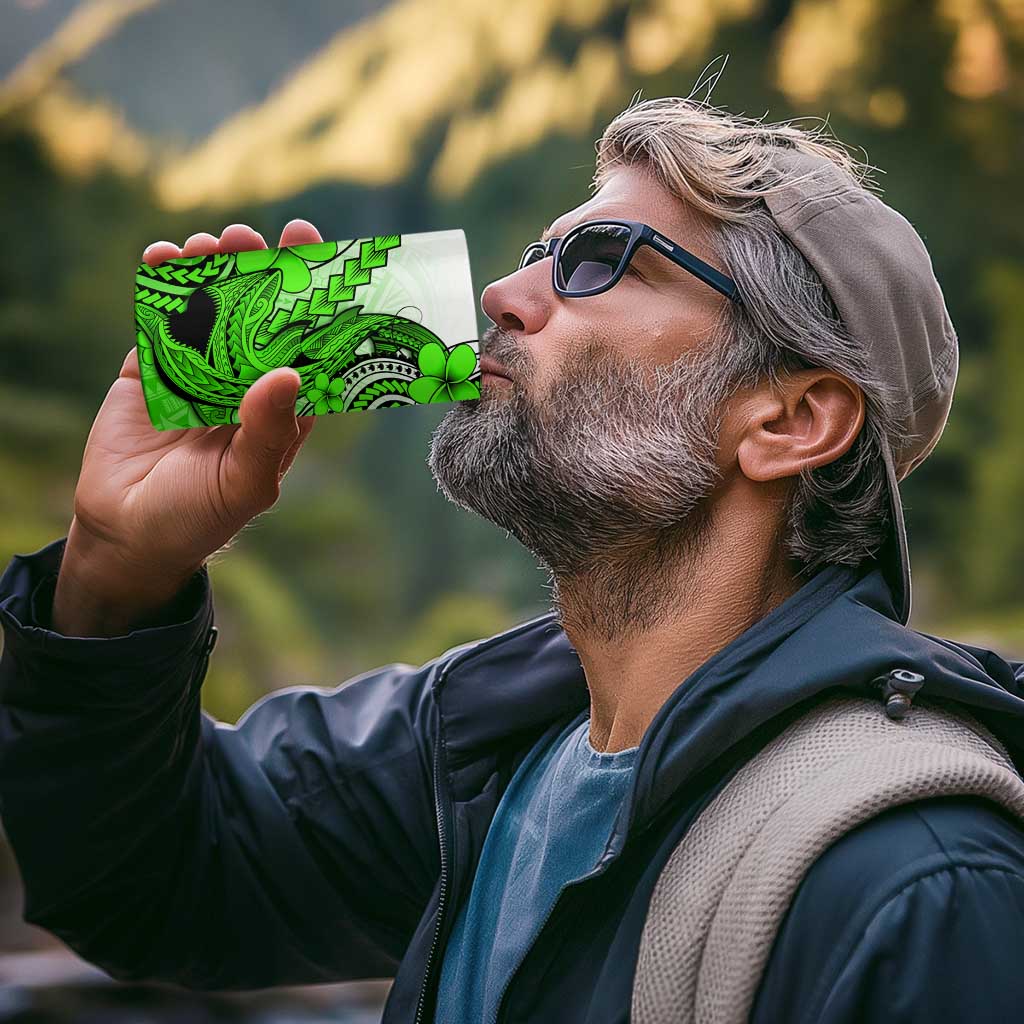 Hawaii 4 in 1 Can Cooler Tumbler Polynesian Shark Tattoo With Plumeria Green Gradient