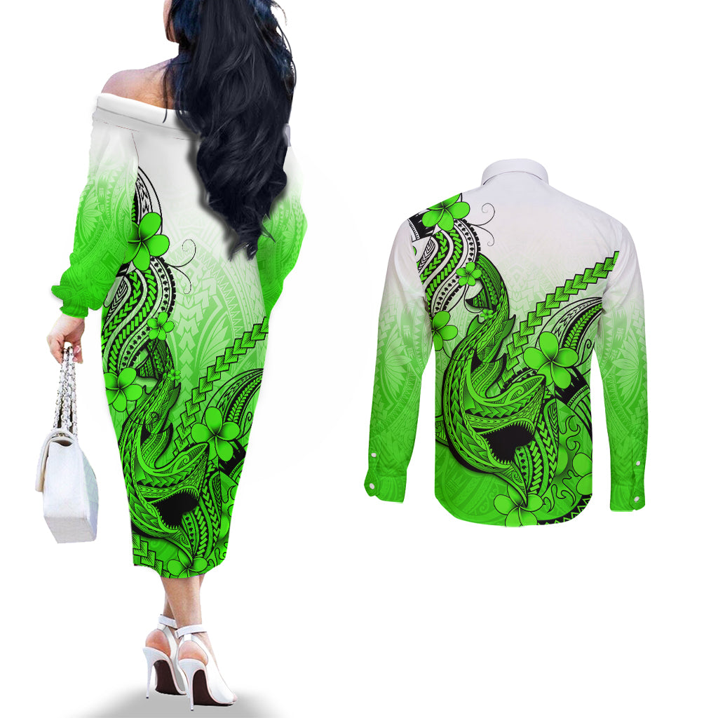 Hawaii Couples Matching Off The Shoulder Long Sleeve Dress and Long Sleeve Button Shirts Polynesian Shark Tattoo With Plumeria Green Gradient LT14 - Polynesian Pride