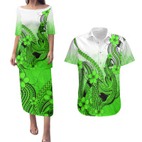 Hawaii Couples Matching Puletasi Dress and Hawaiian Shirt Polynesian Shark Tattoo With Plumeria Green Gradient LT14 Green - Polynesian Pride