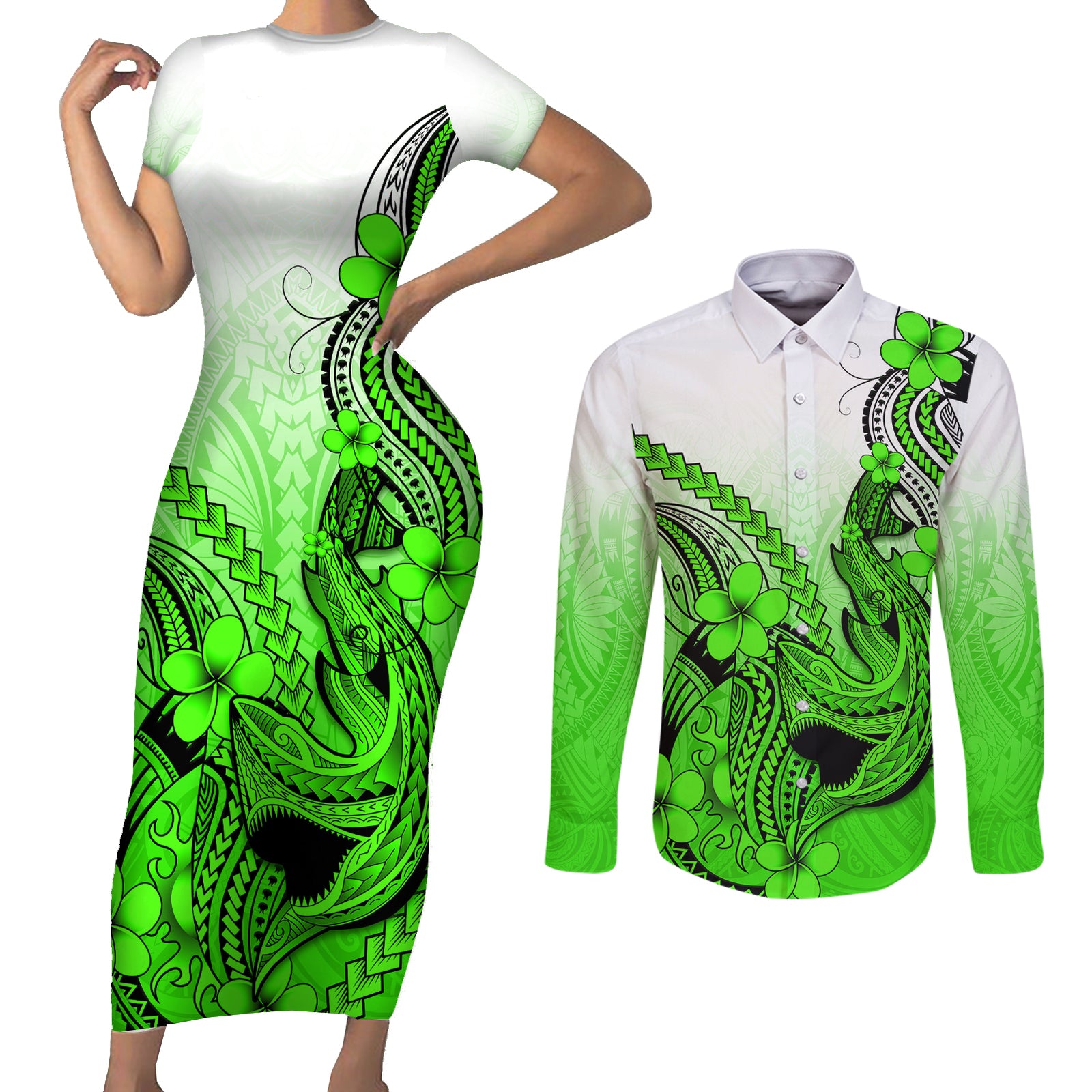 Hawaii Couples Matching Short Sleeve Bodycon Dress and Long Sleeve Button Shirts Polynesian Shark Tattoo With Plumeria Green Gradient LT14 Green - Polynesian Pride