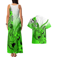 Hawaii Couples Matching Tank Maxi Dress And Hawaiian Shirt Polynesian Shark Tattoo With Plumeria Green Gradient LT14 - Polynesian Pride