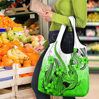 Green Gradient Hawaii Grocery Bag Polynesian Shark Tattoo With Plumeria