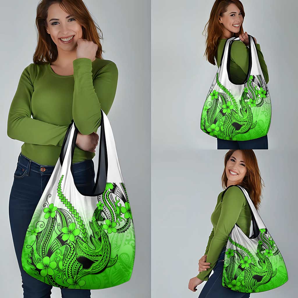 Green Gradient Hawaii Grocery Bag Polynesian Shark Tattoo With Plumeria