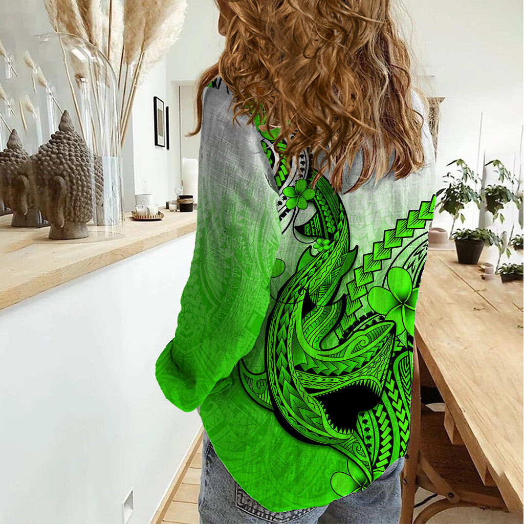 Hawaii Women Casual Shirt Polynesian Shark Tattoo With Plumeria Green Gradient LT14 - Polynesian Pride
