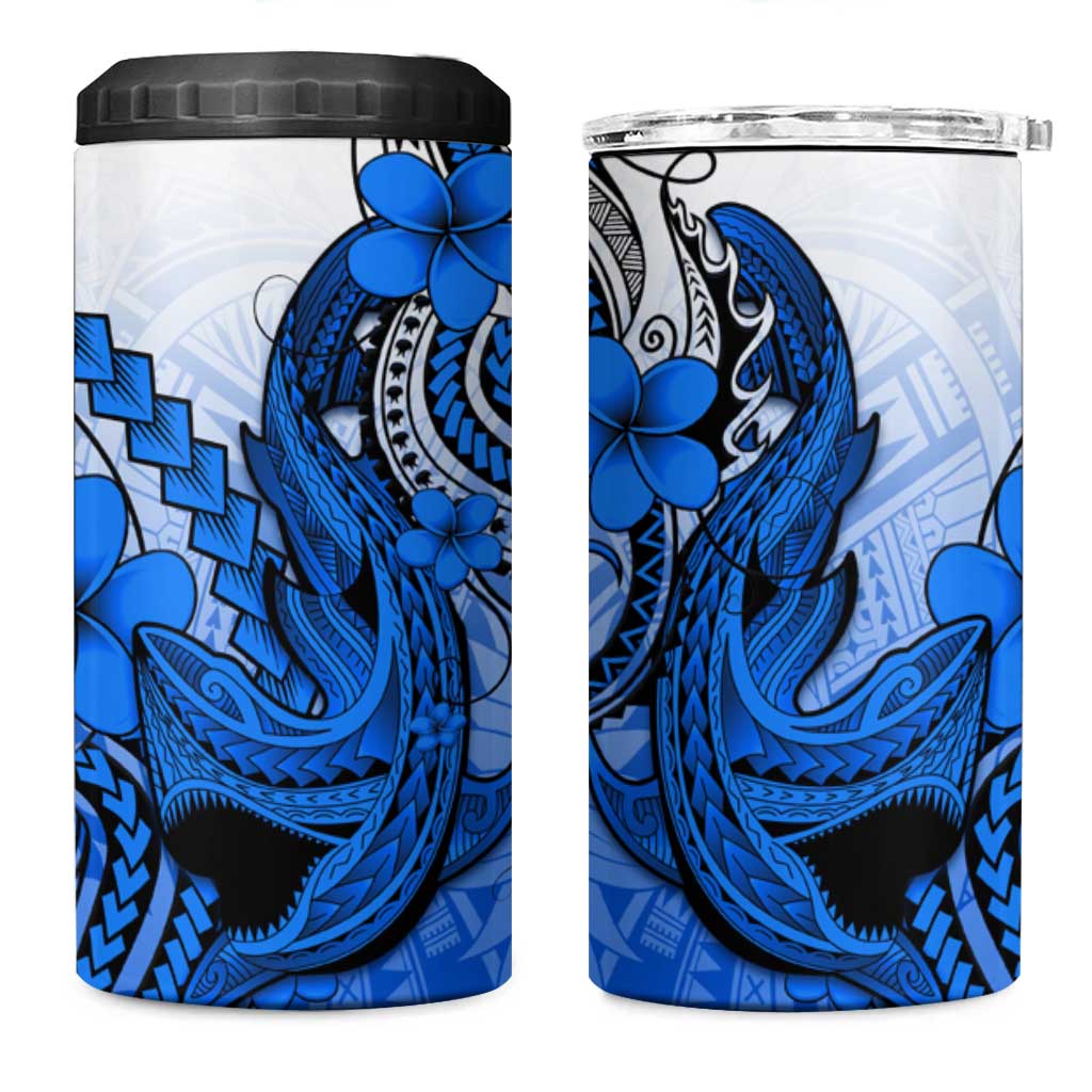 Hawaii 4 in 1 Can Cooler Tumbler Polynesian Shark Tattoo With Plumeria Blue Gradient
