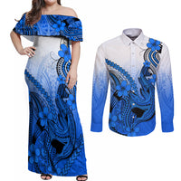 Hawaii Couples Matching Off Shoulder Maxi Dress and Long Sleeve Button Shirts Polynesian Shark Tattoo With Plumeria Blue Gradient LT14 Blue - Polynesian Pride