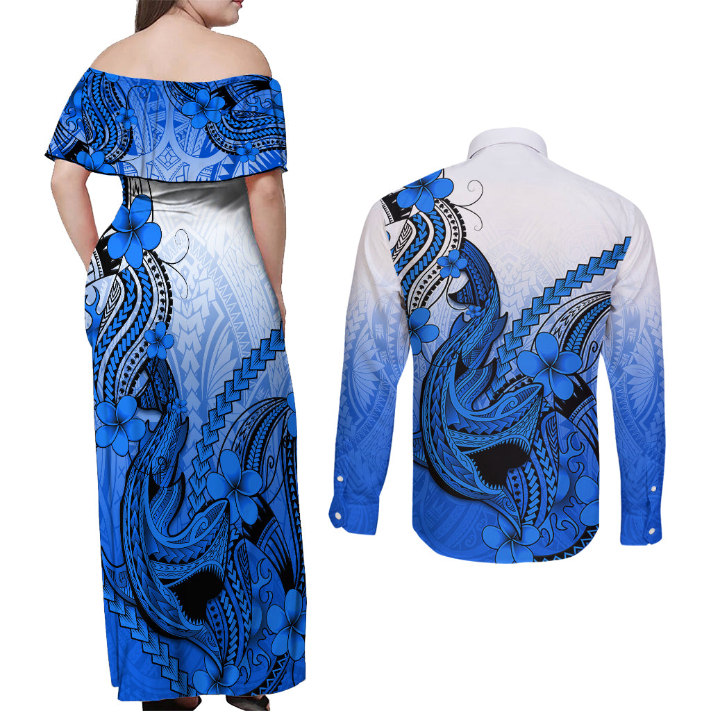 Hawaii Couples Matching Off Shoulder Maxi Dress and Long Sleeve Button Shirts Polynesian Shark Tattoo With Plumeria Blue Gradient LT14 - Polynesian Pride