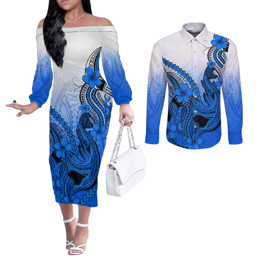 Hawaii Couples Matching Off The Shoulder Long Sleeve Dress and Long Sleeve Button Shirts Polynesian Shark Tattoo With Plumeria Blue Gradient LT14 Blue - Polynesian Pride