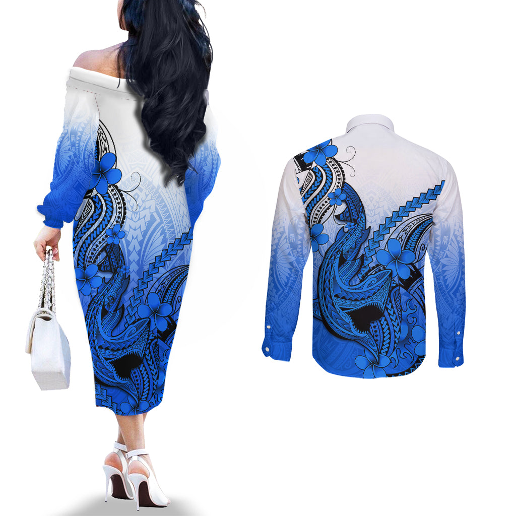 Hawaii Couples Matching Off The Shoulder Long Sleeve Dress and Long Sleeve Button Shirts Polynesian Shark Tattoo With Plumeria Blue Gradient LT14 - Polynesian Pride