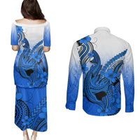 Hawaii Couples Matching Puletasi Dress and Long Sleeve Button Shirts Polynesian Shark Tattoo With Plumeria Blue Gradient LT14 - Polynesian Pride