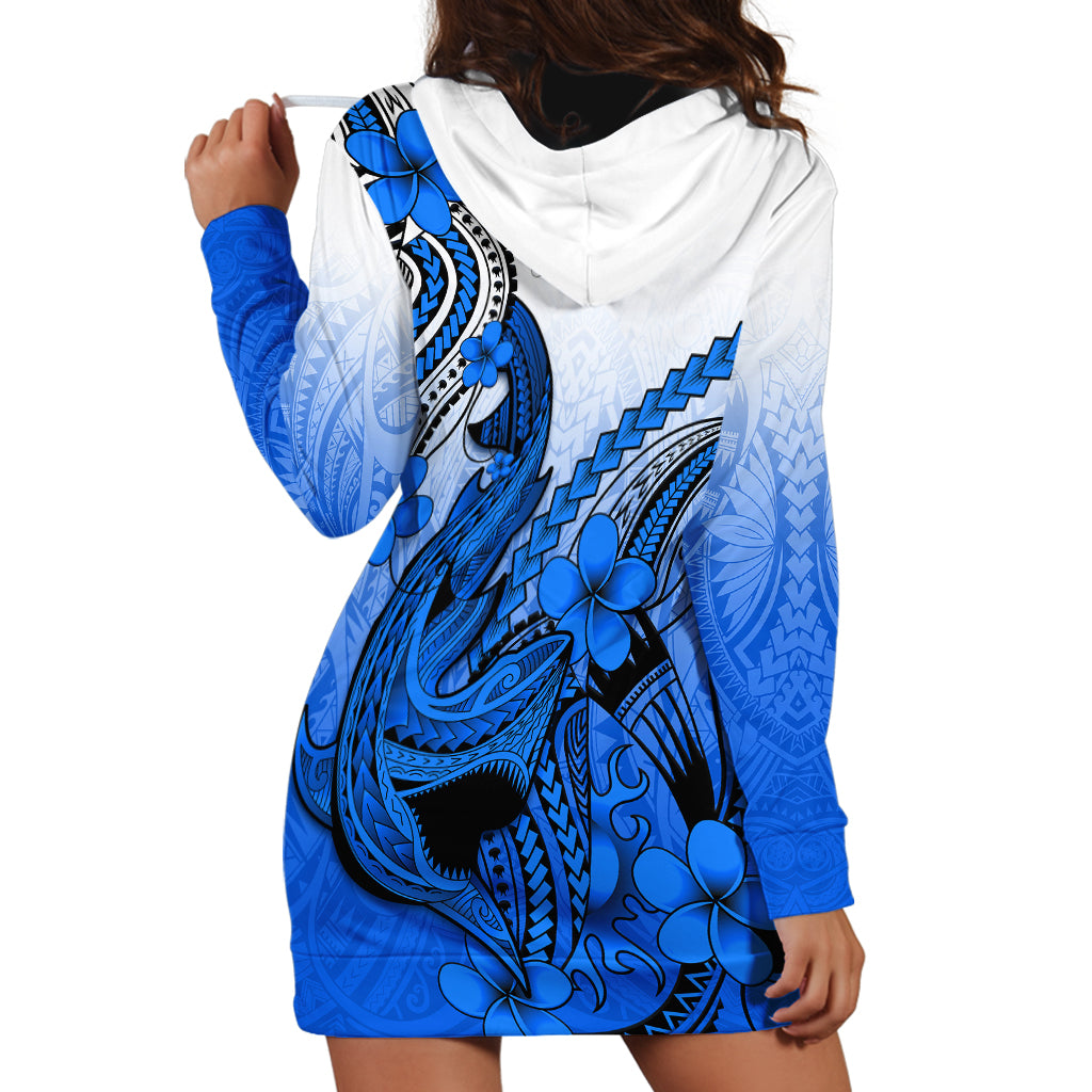 Hawaii Hoodie Dress Polynesian Shark Tattoo With Plumeria Blue Gradient LT14 - Polynesian Pride