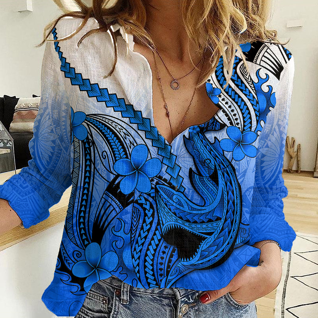 Hawaii Women Casual Shirt Polynesian Shark Tattoo With Plumeria Blue Gradient LT14 Female Blue - Polynesian Pride