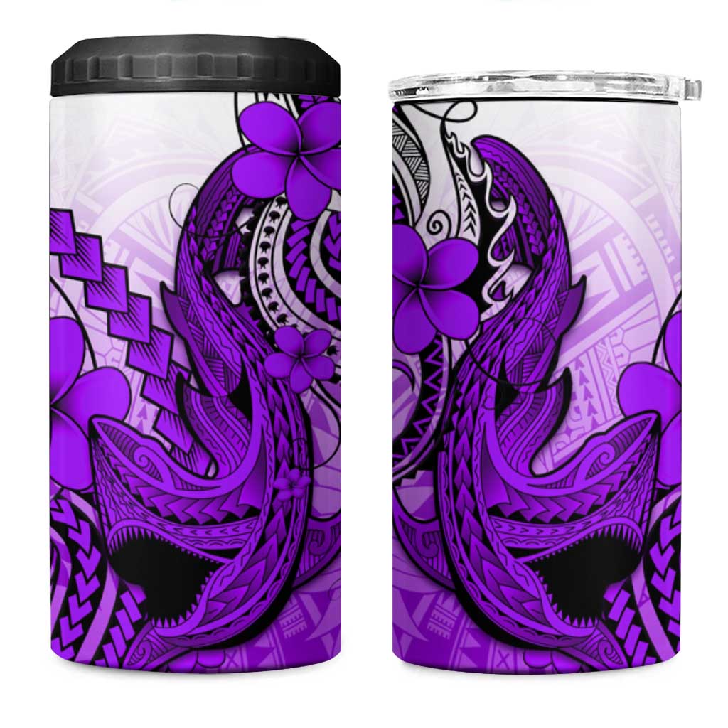 Hawaii 4 in 1 Can Cooler Tumbler Polynesian Shark Tattoo With Plumeria Purple Gradient