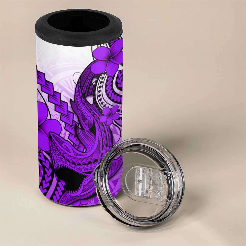 Hawaii 4 in 1 Can Cooler Tumbler Polynesian Shark Tattoo With Plumeria Purple Gradient