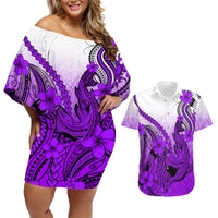 Hawaii Couples Matching Off Shoulder Short Dress and Hawaiian Shirt Polynesian Shark Tattoo With Plumeria Purple Gradient LT14 Purple - Polynesian Pride