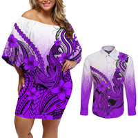 Hawaii Couples Matching Off Shoulder Short Dress and Long Sleeve Button Shirts Polynesian Shark Tattoo With Plumeria Purple Gradient LT14 Purple - Polynesian Pride