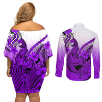 Hawaii Couples Matching Off Shoulder Short Dress and Long Sleeve Button Shirts Polynesian Shark Tattoo With Plumeria Purple Gradient LT14 - Polynesian Pride