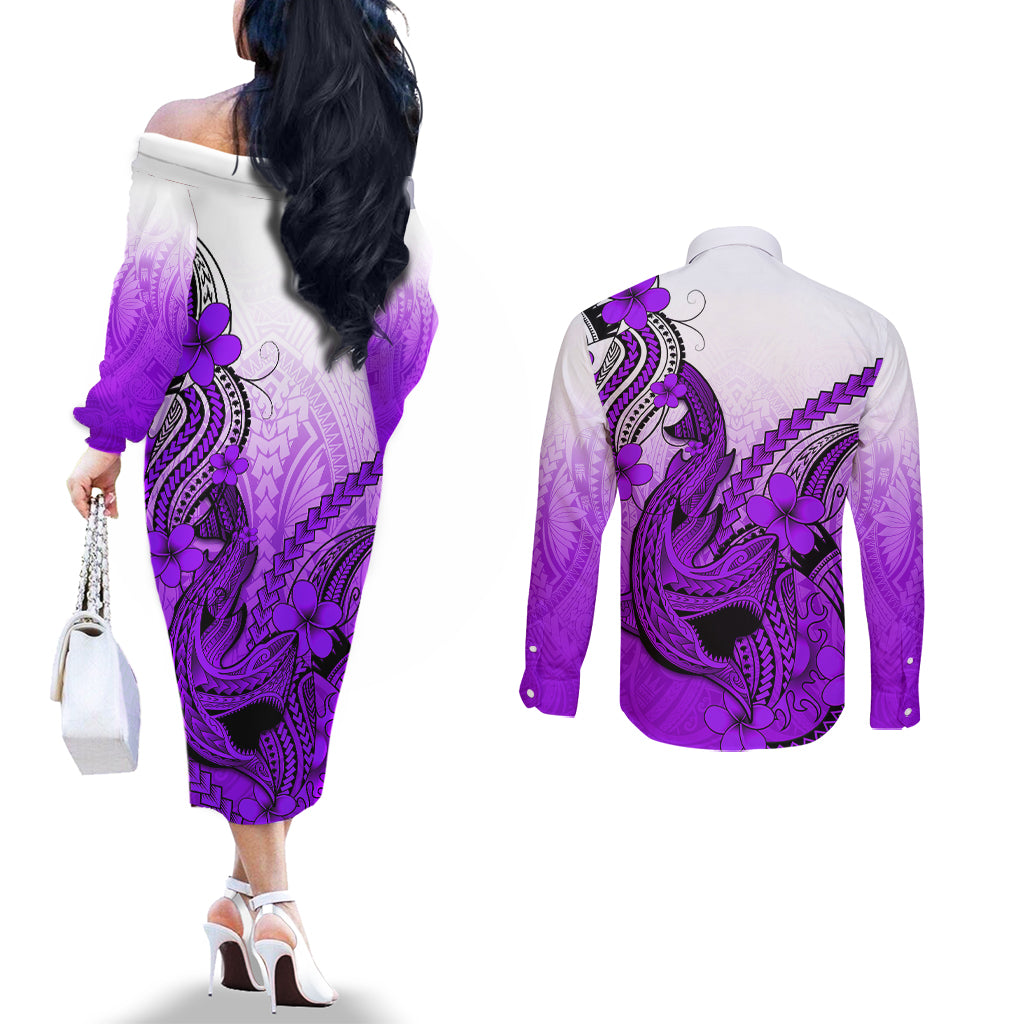 Hawaii Couples Matching Off The Shoulder Long Sleeve Dress and Long Sleeve Button Shirts Polynesian Shark Tattoo With Plumeria Purple Gradient LT14 - Polynesian Pride