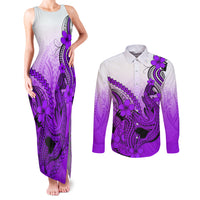 Hawaii Couples Matching Tank Maxi Dress and Long Sleeve Button Shirts Polynesian Shark Tattoo With Plumeria Purple Gradient LT14 Purple - Polynesian Pride