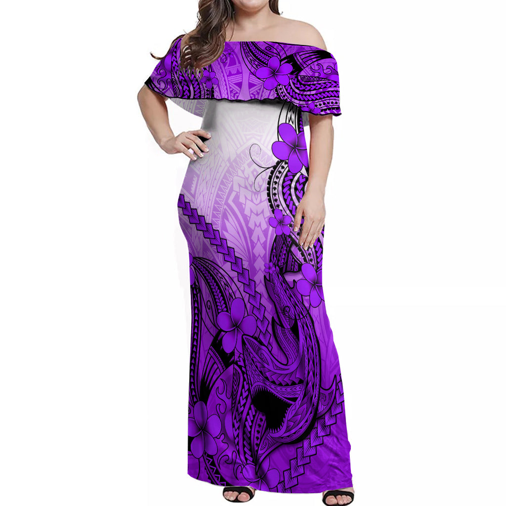 Hawaii Off Shoulder Maxi Dress Polynesian Shark Tattoo With Plumeria Purple Gradient LT14 Women Purple - Polynesian Pride