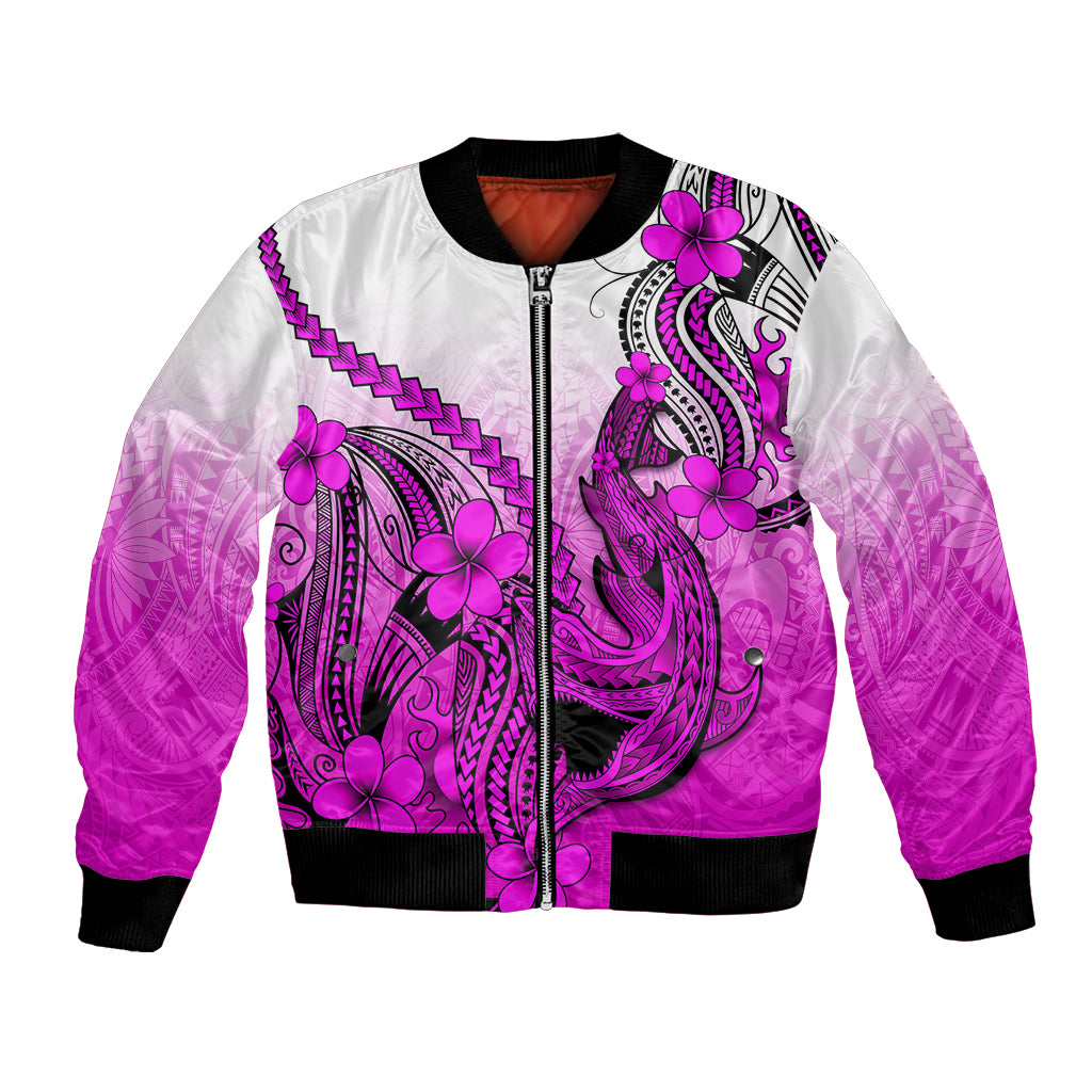 Hawaii Bomber Jacket Polynesian Shark Tattoo With Plumeria Pink Gradient LT14 Unisex Pink - Polynesian Pride