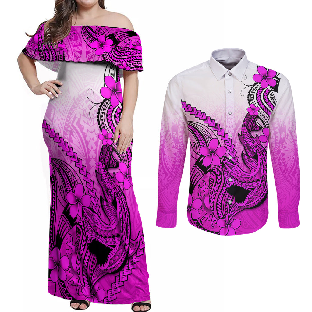Hawaii Couples Matching Off Shoulder Maxi Dress and Long Sleeve Button Shirts Polynesian Shark Tattoo With Plumeria Pink Gradient LT14 Pink - Polynesian Pride