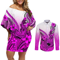 Hawaii Couples Matching Off Shoulder Short Dress and Long Sleeve Button Shirts Polynesian Shark Tattoo With Plumeria Pink Gradient LT14 Pink - Polynesian Pride