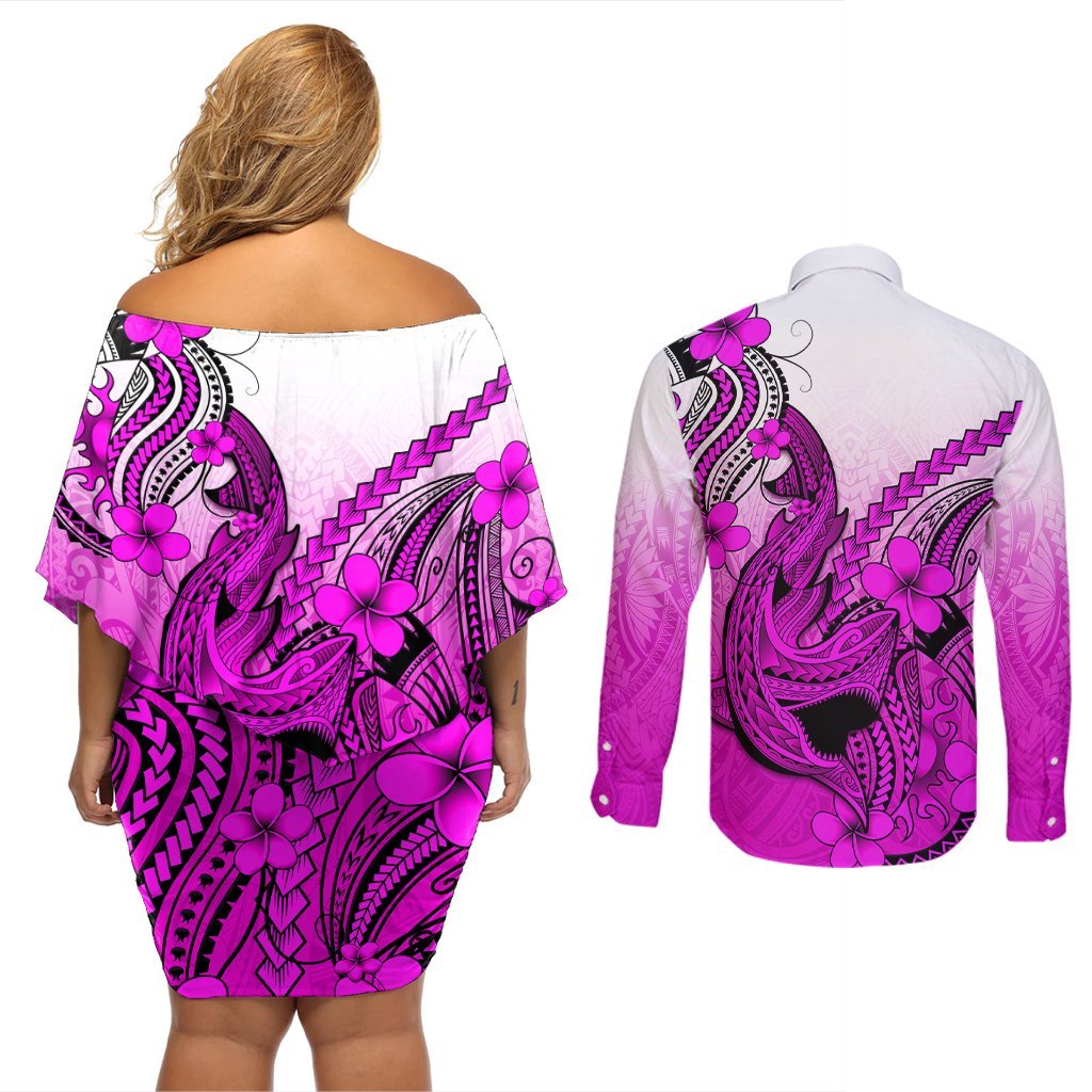 Hawaii Couples Matching Off Shoulder Short Dress and Long Sleeve Button Shirts Polynesian Shark Tattoo With Plumeria Pink Gradient LT14 - Polynesian Pride