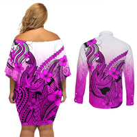 Hawaii Couples Matching Off Shoulder Short Dress and Long Sleeve Button Shirts Polynesian Shark Tattoo With Plumeria Pink Gradient LT14 - Polynesian Pride