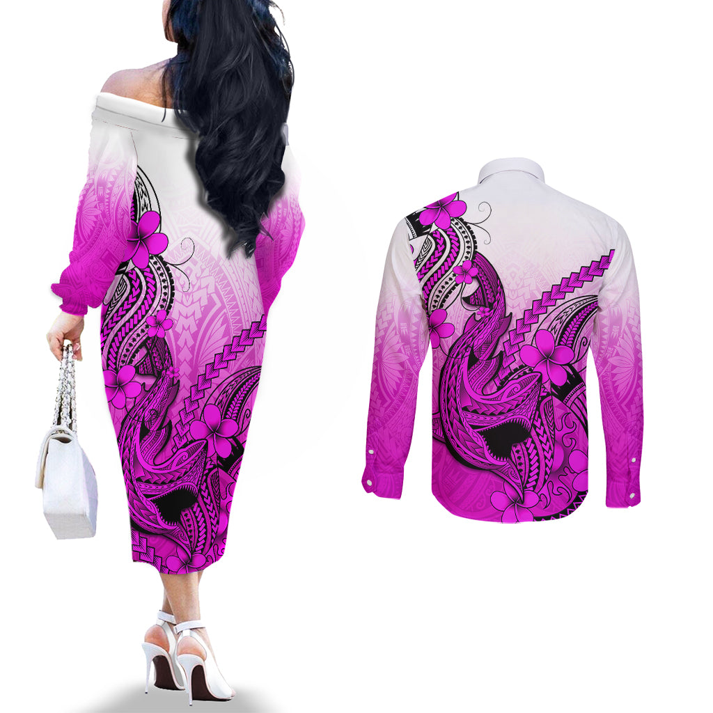 Hawaii Couples Matching Off The Shoulder Long Sleeve Dress and Long Sleeve Button Shirts Polynesian Shark Tattoo With Plumeria Pink Gradient LT14 - Polynesian Pride