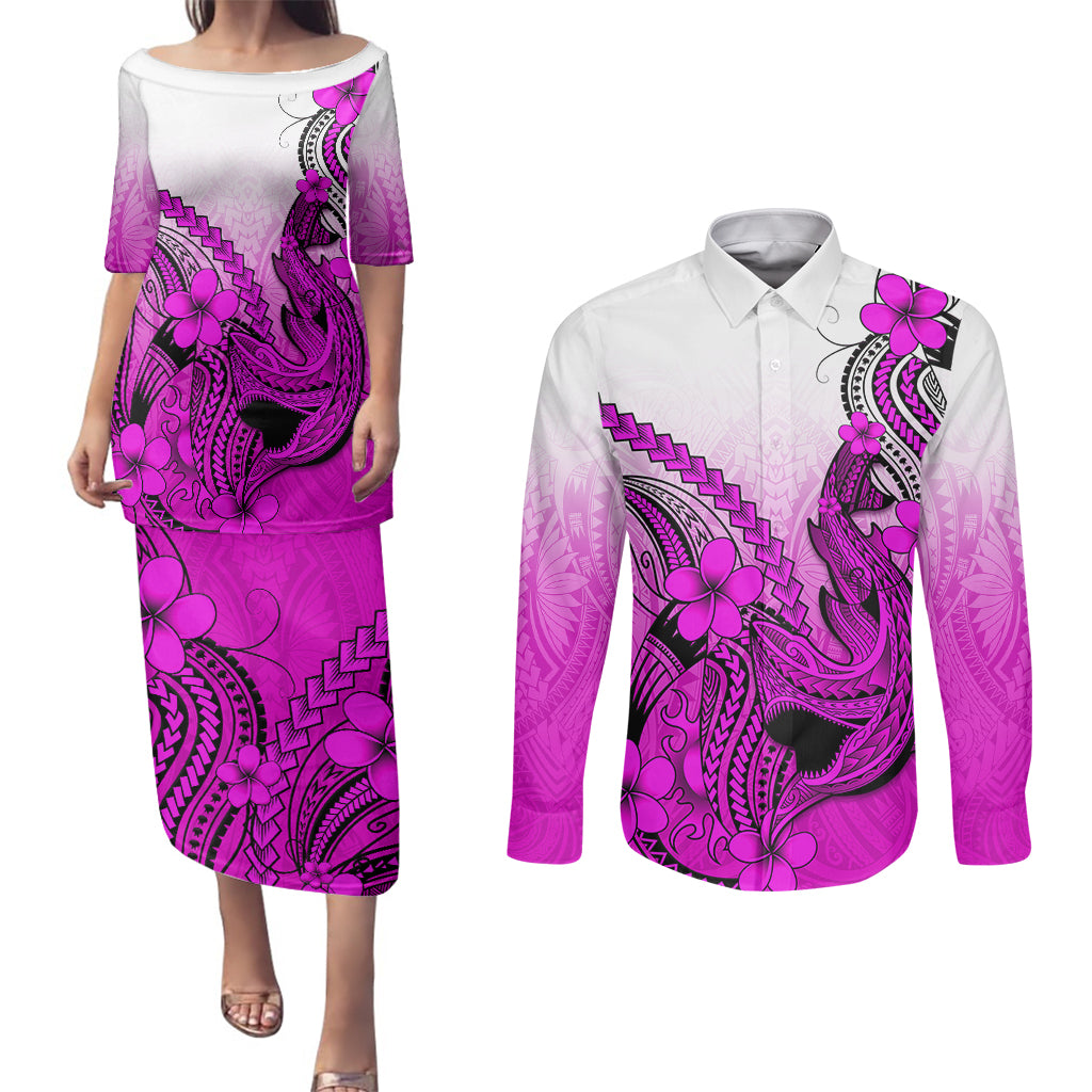 Hawaii Couples Matching Puletasi Dress and Long Sleeve Button Shirts Polynesian Shark Tattoo With Plumeria Pink Gradient LT14 Pink - Polynesian Pride