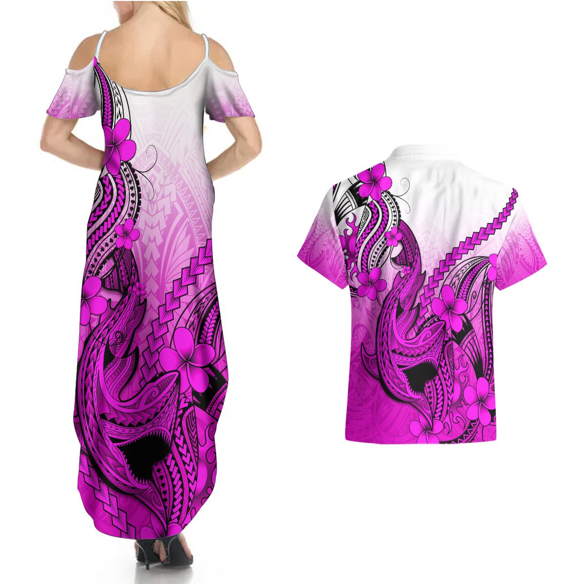Hawaii Couples Matching Summer Maxi Dress and Hawaiian Shirt Polynesian Shark Tattoo With Plumeria Pink Gradient LT14 - Polynesian Pride