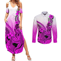 Hawaii Couples Matching Summer Maxi Dress and Long Sleeve Button Shirts Polynesian Shark Tattoo With Plumeria Pink Gradient LT14 Pink - Polynesian Pride