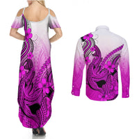 Hawaii Couples Matching Summer Maxi Dress and Long Sleeve Button Shirts Polynesian Shark Tattoo With Plumeria Pink Gradient LT14 - Polynesian Pride