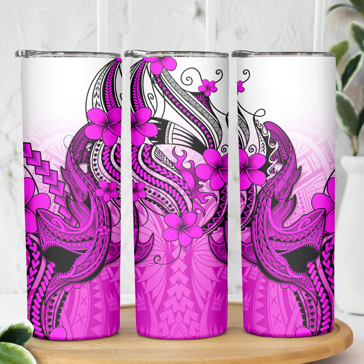 Hawaii Skinny Tumbler Polynesian Shark Tattoo With Plumeria Pink Gradient