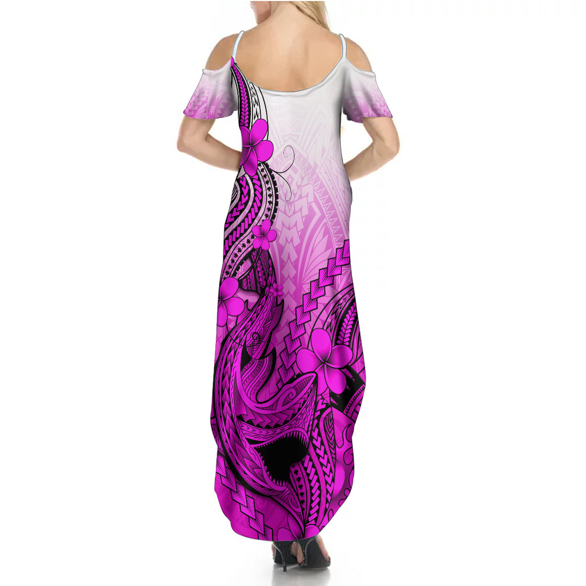 Hawaii Summer Maxi Dress Polynesian Shark Tattoo With Plumeria Pink Gradient LT14 - Polynesian Pride