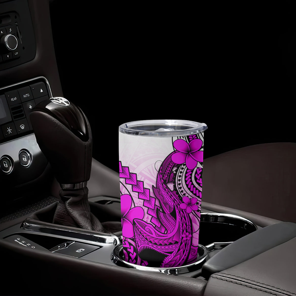 Hawaii Tumbler Cup Polynesian Shark Tattoo With Plumeria Pink Gradient